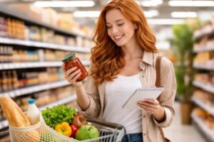 Mulher ruiva sorrindo no supermercado enquanto compara produtos e faz anotações, praticando consumo consciente para economizar dinheiro nas compras do mês.