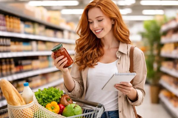 Mulher ruiva sorrindo no supermercado enquanto compara produtos e faz anotações, praticando consumo consciente para economizar dinheiro nas compras do mês.