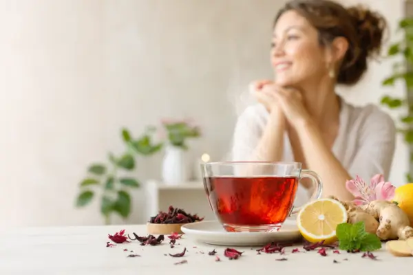 ícara de chá de ervas com hibisco, hortelã, gengibre e limão para ajudar a desinchar naturalmente.