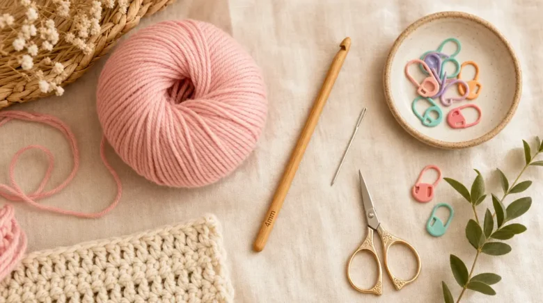 Kit básico de crochê para iniciantes com agulha, fio de algodão rosa, tesoura, agulha de tapeceiro e marcadores de pontos sobre fundo de linho claro