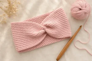 Faixa de cabelo de crochê feita à mão em cor rosa pastel, com agulha de madeira e novelo de fio ao lado, sobre fundo de linho claro