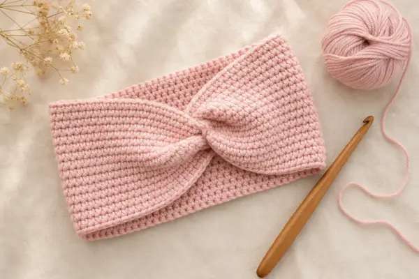 Faixa de cabelo de crochê feita à mão em cor rosa pastel, com agulha de madeira e novelo de fio ao lado, sobre fundo de linho claro
