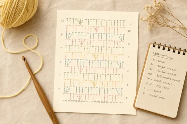 Gráfico de crochê impresso em papel creme com símbolos coloridos, agulha de madeira, novelo de fio amarelo pastel e caderno de anotações sobre fundo de linho bege