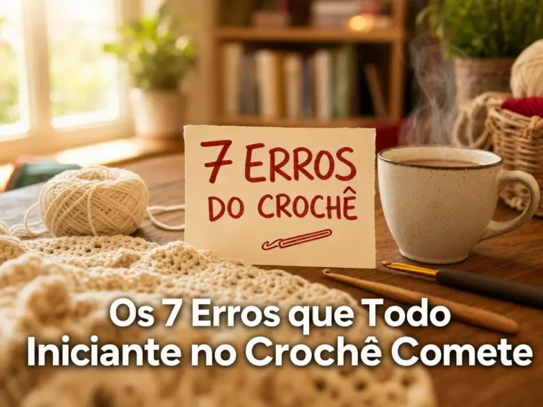 Mesa de trabalho de crochê com projeto inacabado em fio creme, agulhas de crochê, novelo de lã e xícara de chá. Ao centro, pequena placa com texto manuscrito "7 ERROS DO CROCHÊ". Iluminação natural suave, ambiente acolhedor e convidativo para aprendizado.
